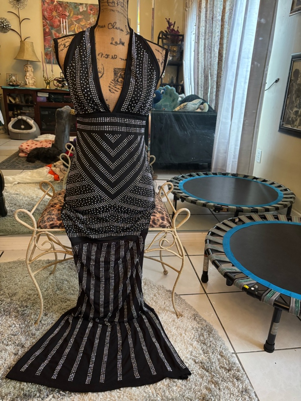 Black Halter Maxi Dress with Silver Stud Pattern